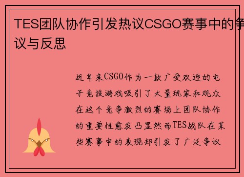TES团队协作引发热议CSGO赛事中的争议与反思