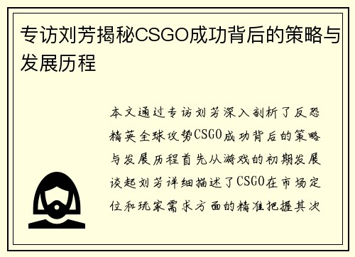 专访刘芳揭秘CSGO成功背后的策略与发展历程
