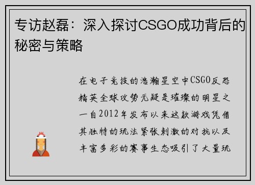 专访赵磊：深入探讨CSGO成功背后的秘密与策略